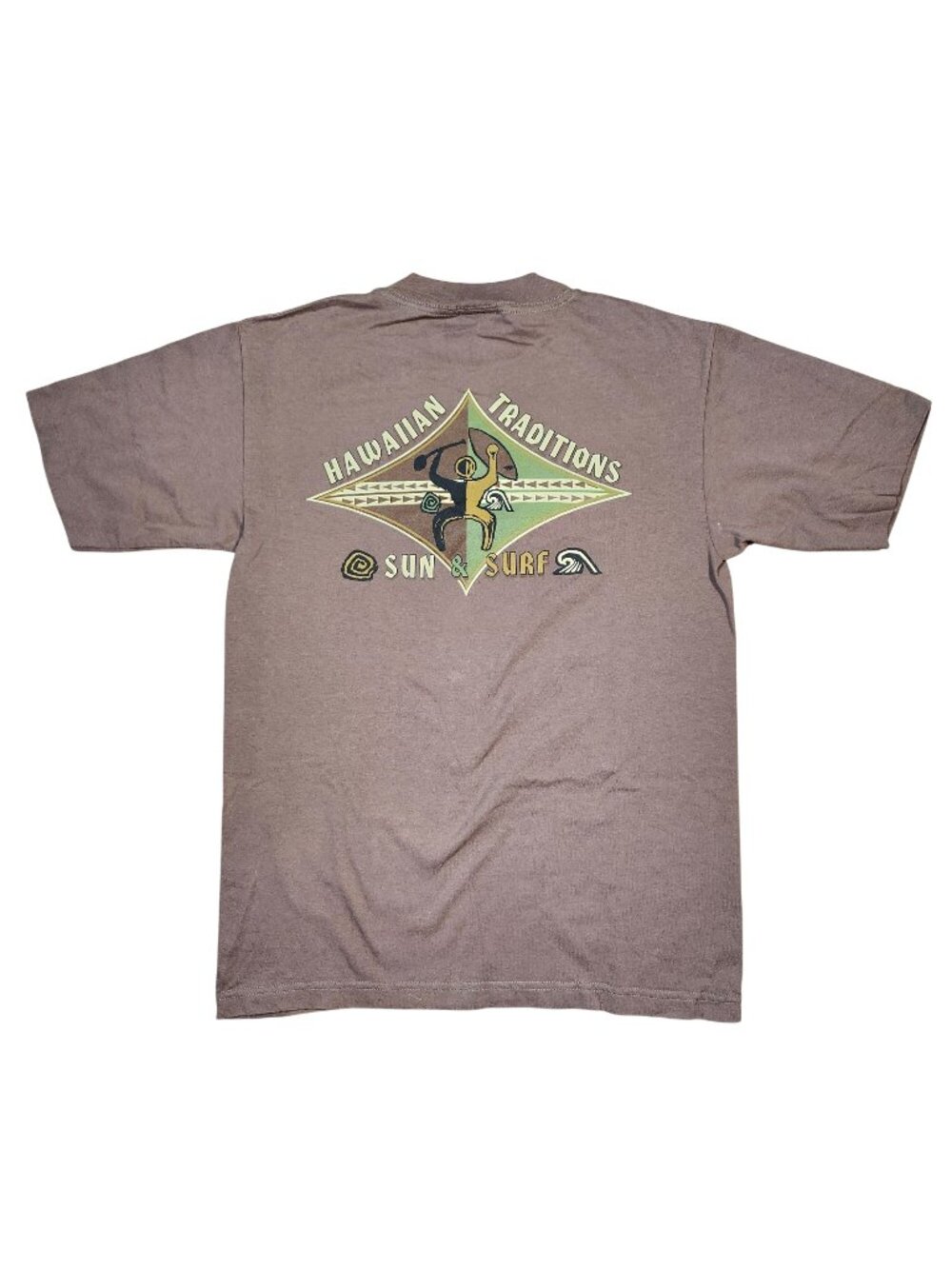 Hawaiian Traditions Sun & Surf Graphic T-Shirt Murina M 100% Cotton Brown